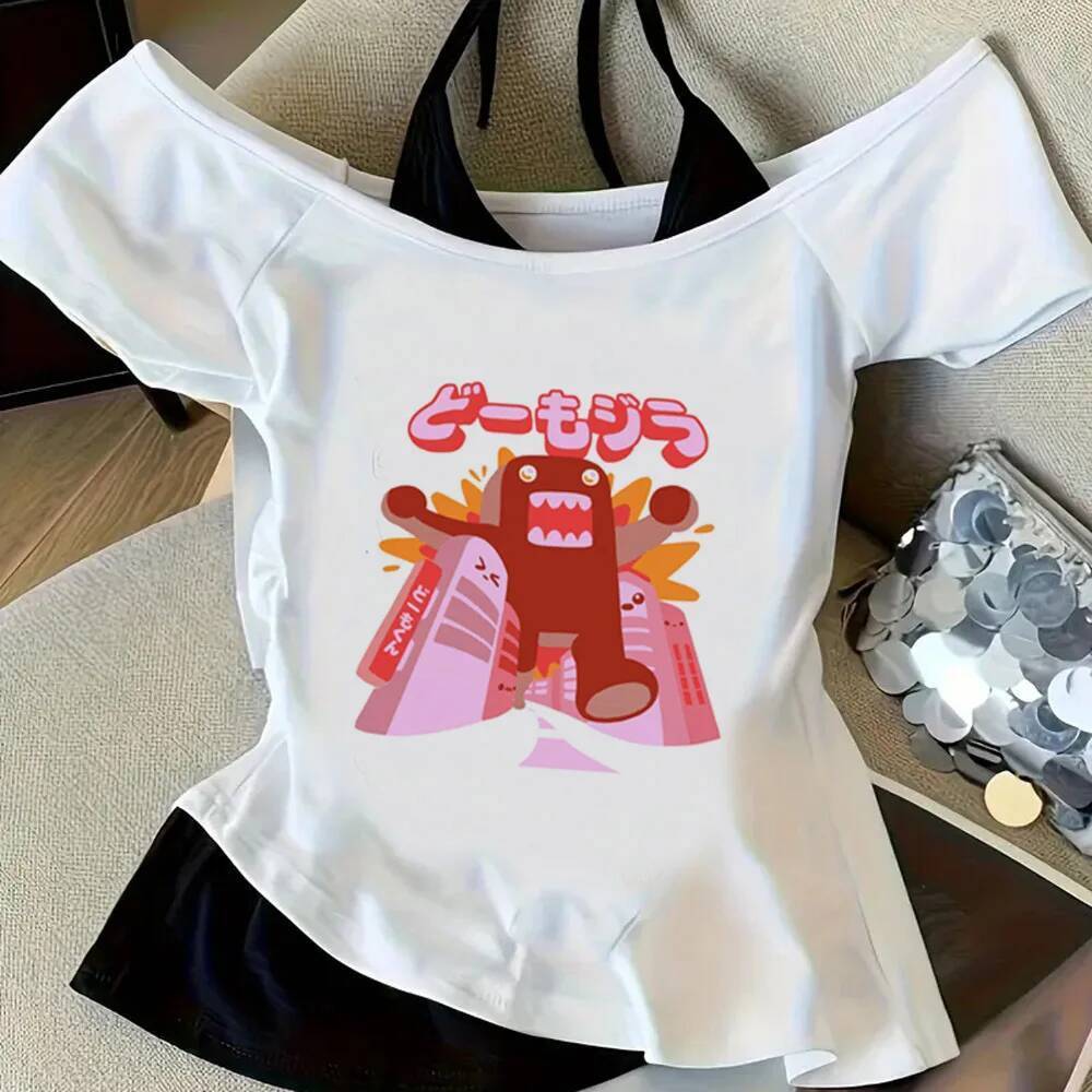 Domo crop top nữ thời trang hàn quốc búp bê bữa tiệc emo y2k top tee grunge cảnh cổ điển gyaru y2k