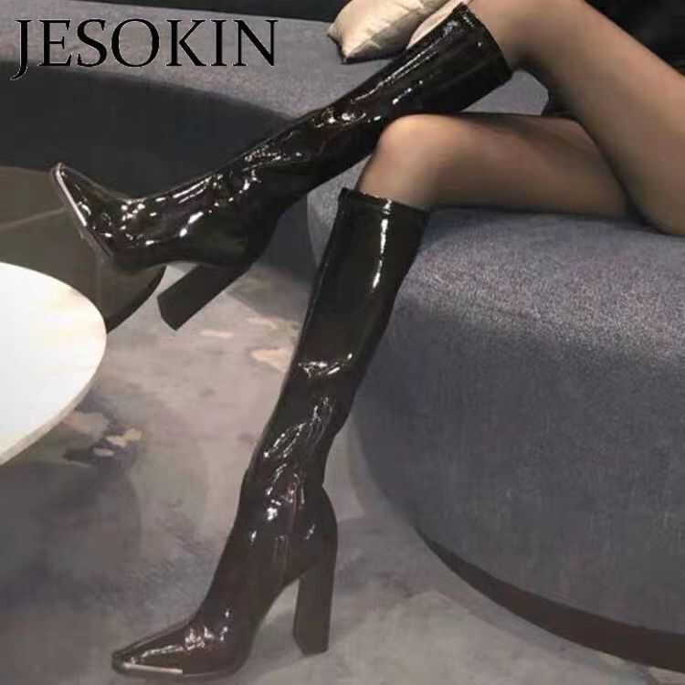 JESOKIN Giày bốt cổ kiểu Kendall Jenner dành cho nữ, dưới đầu gối, mẫu mới 2025, da bóng, cao gót, m