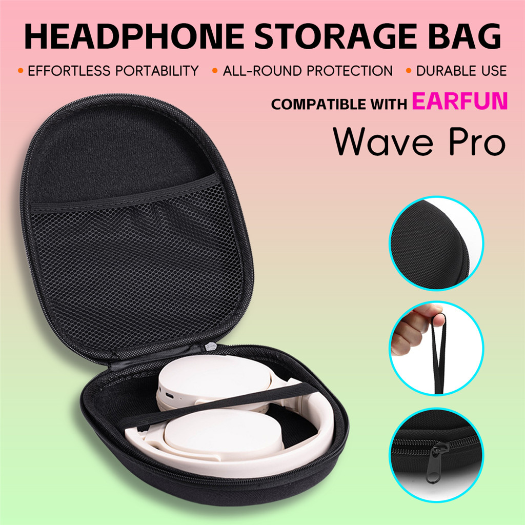 Tương thích với hộp đựng tai nghe EarFun Wave Pro màu đen có túi lưới cho phòng tập thể dục du lịch