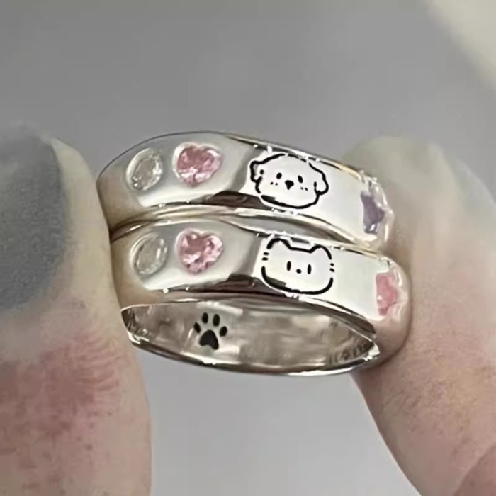 Ngôi Nhà Đẹp Nhẫn Bạc 925 Nhẫn Nữ Hàn Quốc {Nhật Ký Chó Mèo} Mèo Con Họa Tiết Chó Con Nhẫn Nữ Nhẫn T
