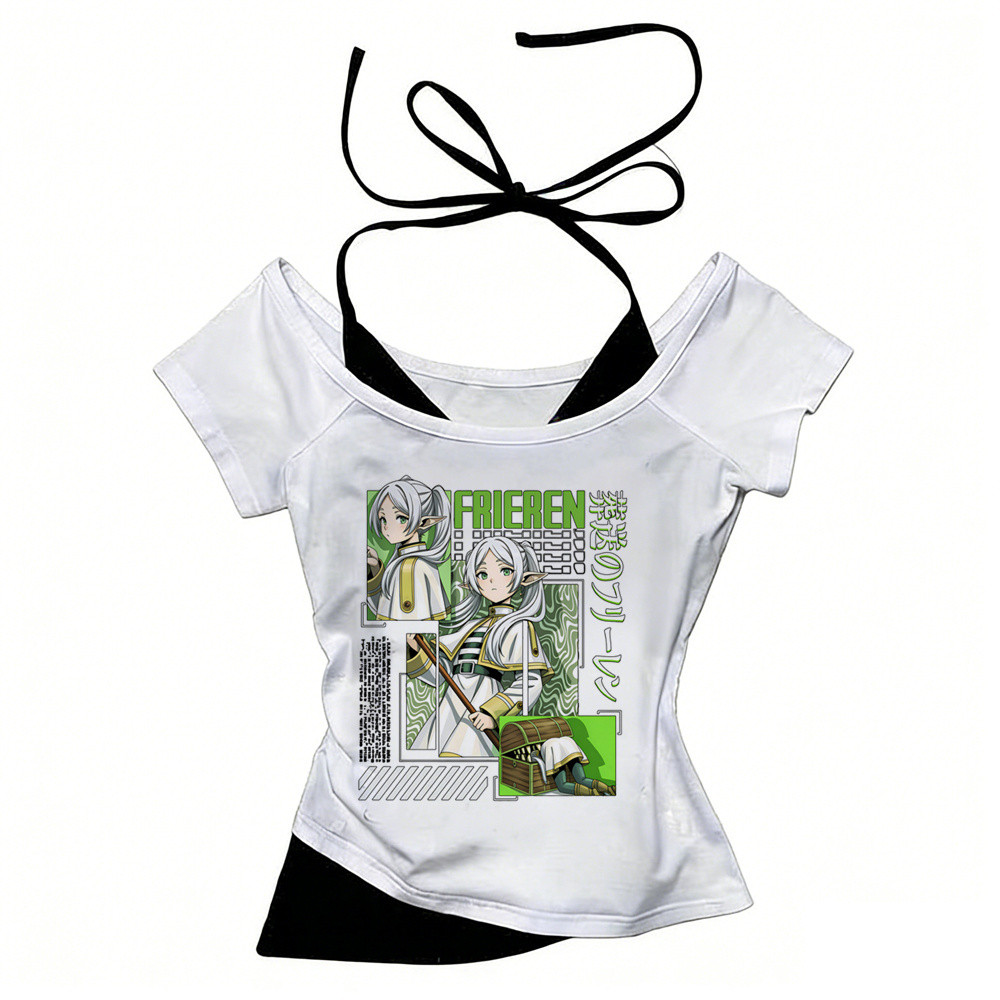 Sousou No Frieren crop top shoujo tiệc thay thế gyaru meme mùa hè top tees nhật bản cổ điển gyaru nh