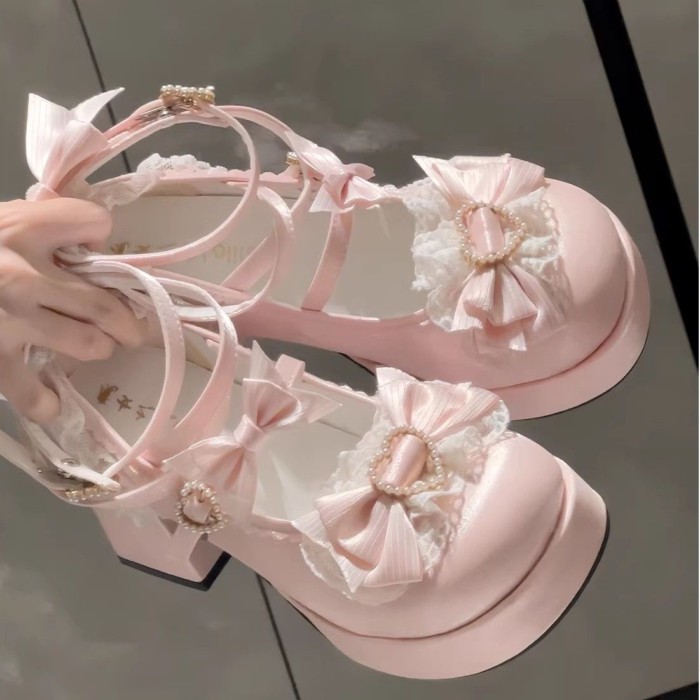 Nơ Hồng Mary Jane Giày lolita Giày Cao Gót Dày Gót Trái Tim lolita Giày