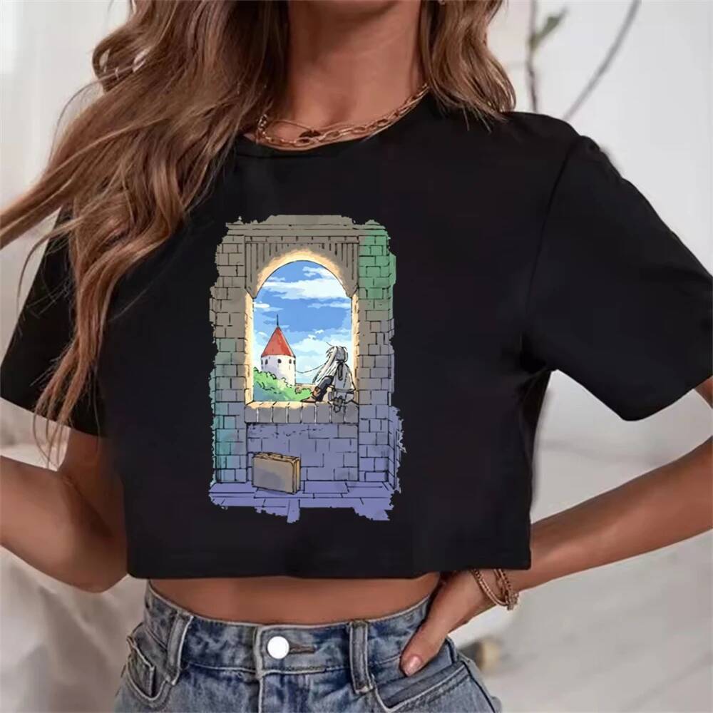 Frieren crop top nữ grunge ngộ nghĩnh mùa hè nhật bản 2000 áo thun anime meme grunge jojifuku dollet