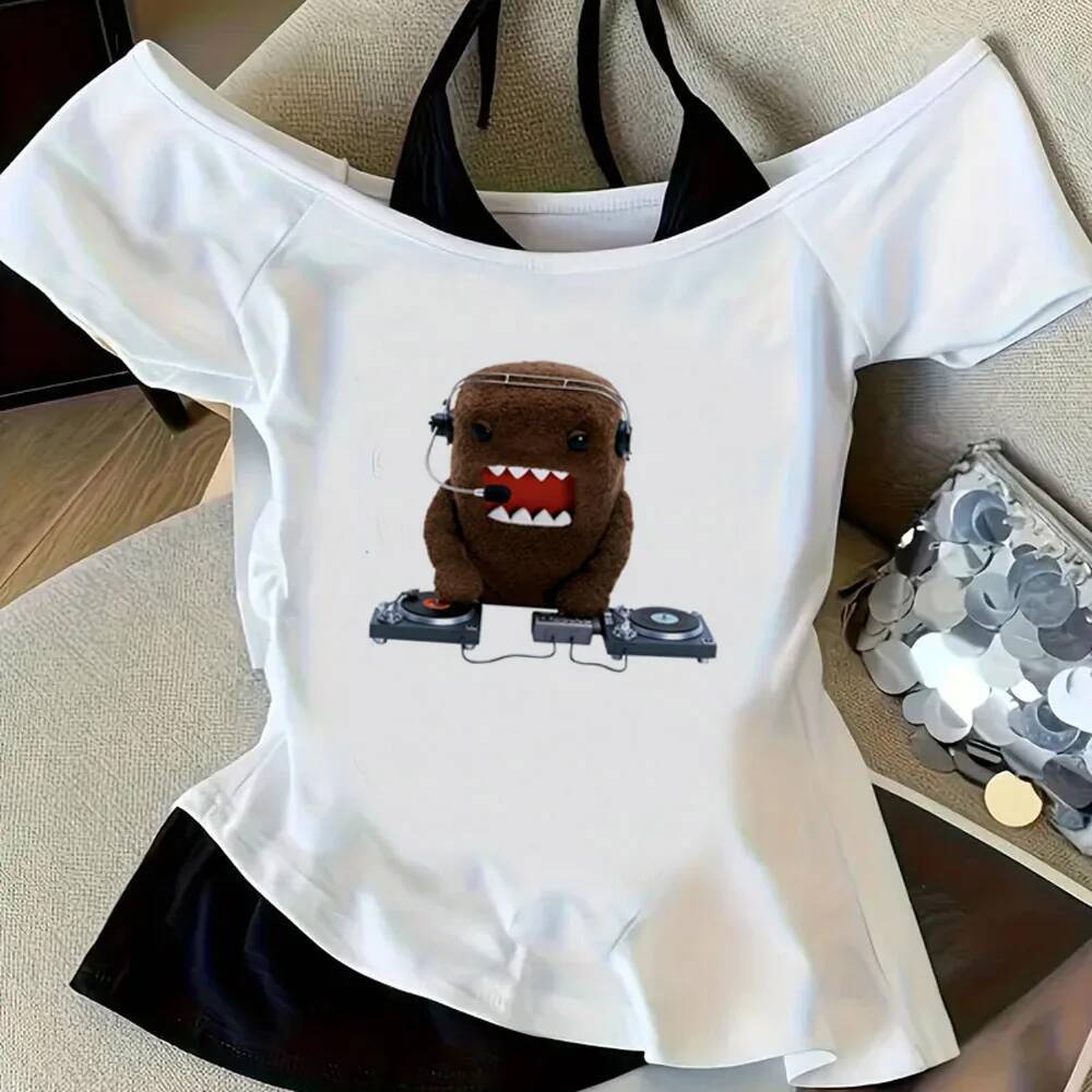 Domo crop top shoujo nhật bản cảnh cutecore dollette top tees thay thế thời trang hàn quốc búp bê gy