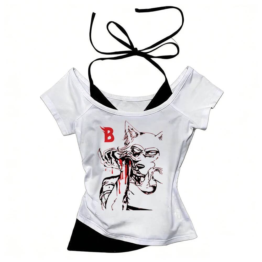 Beastars crop top shoujo manga gothic kawaii gyaru Áo thun mùa hè 2000 thời trang hàn quốc harajuku