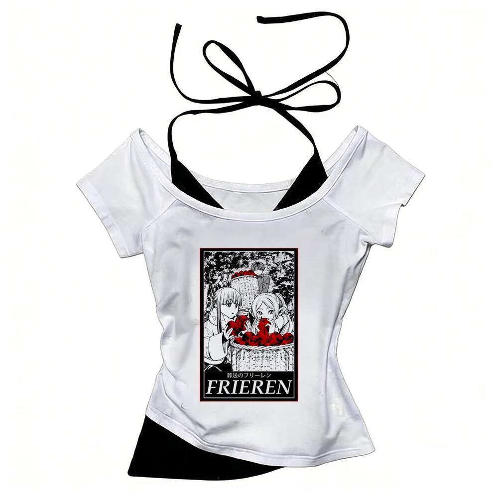 Frieren crop top nữ meme ngộ nghĩnh gyaru grunge áo thun thay thế búp bê harajuku grunge manga jojif