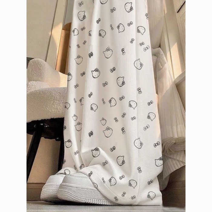 [MUA] Bán chạy Quần lụa băng phong cách mới KT Cat Pattern Hundred Towers Quần ống rộng