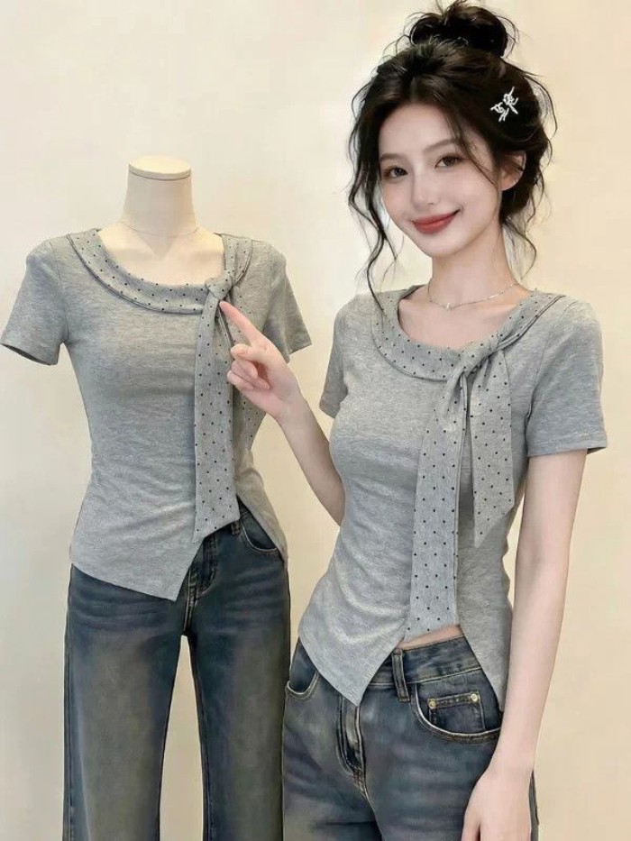 🌈 Lace-up Polka-dot Round Neck Right Shoulder Short-sleeved T-shirt New Sweet Slim Slim Fashion Wa