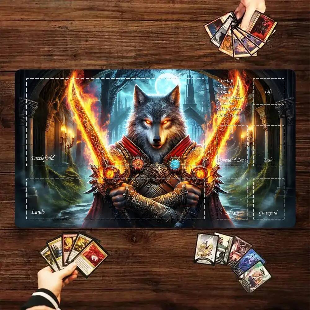 Magic Card Battle Playmat với khu vực Fantasy Wolf Warrior chủ đề MTG playmat tập hợp trò chơi thảm 