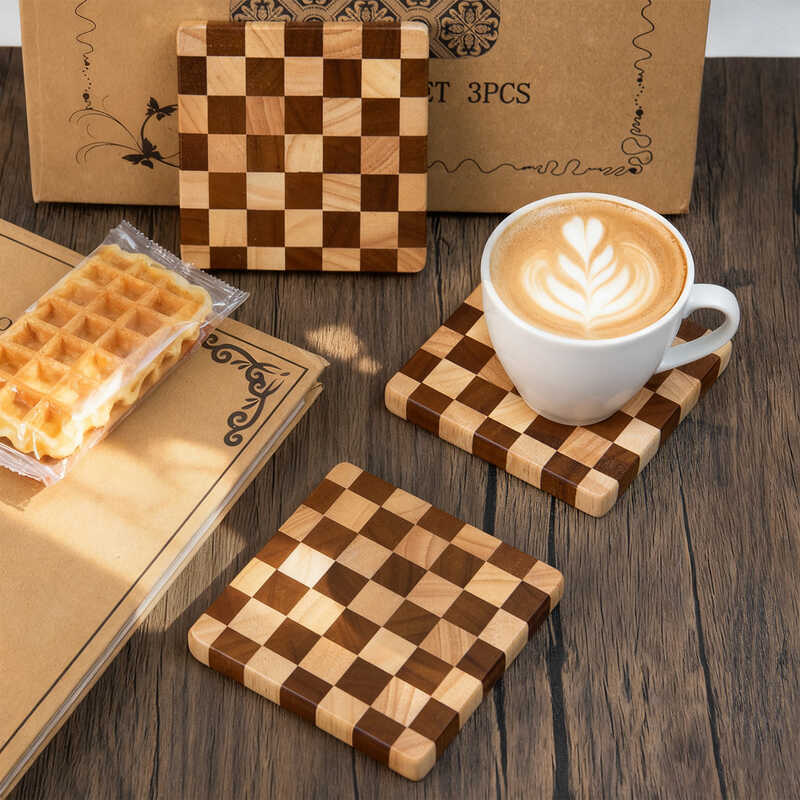 Rừng Xanh Cao Su Gỗ Checkerboard Coaster Cách Nhiệt Coaster Gỗ Carbonized Đứng Coaster Khay Bánh Coa