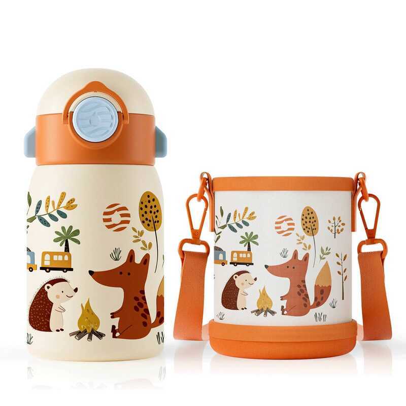 Fjbottle 400ml Trẻ Em Nước Hoạt Hình Họa Tiết Cốc Inox Cách Nhiệt Trẻ Em Bình Giữ Nhiệt Có Túi Vải