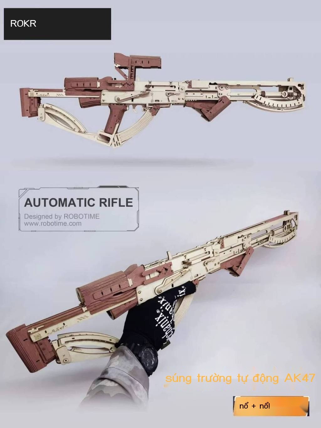 Đồ chơi hình súng AK47 Rokr quà tặng ngày trẻ em cho bé trai mô phỏng lắp ráp gỗ 3D khối xây dựng