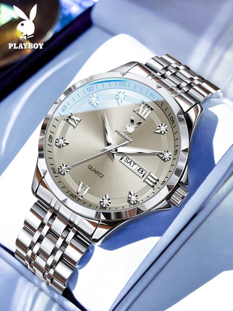 Đồng nam Playboy, thương hiệu chính hãng, cơ mới 2025, dây thép, đồng hồ quartz chống nước
