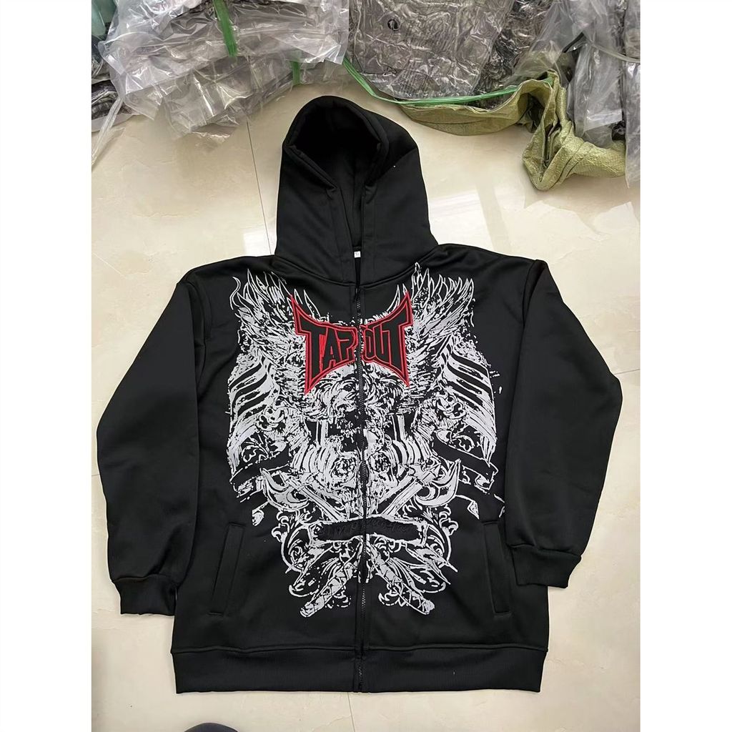Áo hoodie Tapout mới phong cách Y2K châu Âu và Mỹ, có zipper tối màu