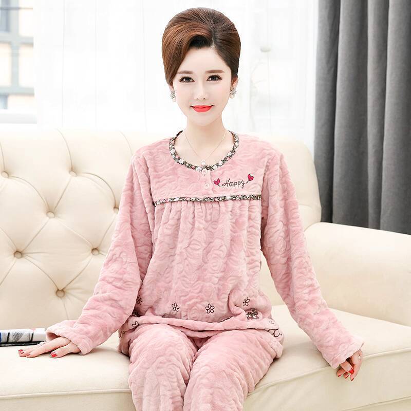 Bộ ngủ xuân tuổi, bộ đồ flannel dày ấm áp thu mùa đông cho phụ nữ trung niên và cao tuổi
