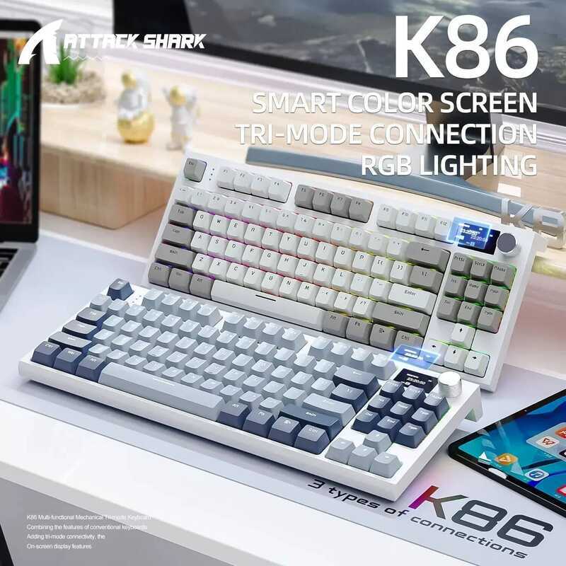 Bàn phím cơ không dây ATTACK SHARK K86 có núm vặn kim loại, màn hình TFT, thay nóng, RGB