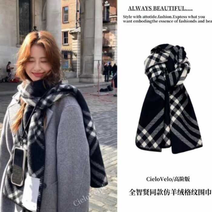 Khăn choàng nhỏ kẻ sọc đen trắng chất liệu cao cấp, phong cách thời thượng giống Jun Ji Hyun