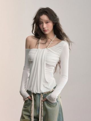 Dây buộc cổ giả hai mảnh lệch vai dài tay cho nữ, phù hợp thu đông 2025, dáng slim-fit