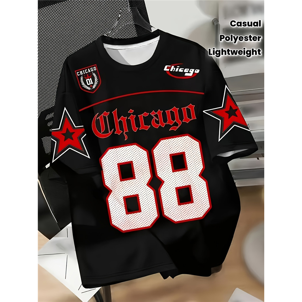 Áo thun cổ tròn nam Chicago 88 Star, họa tiết Chicago màu đỏ