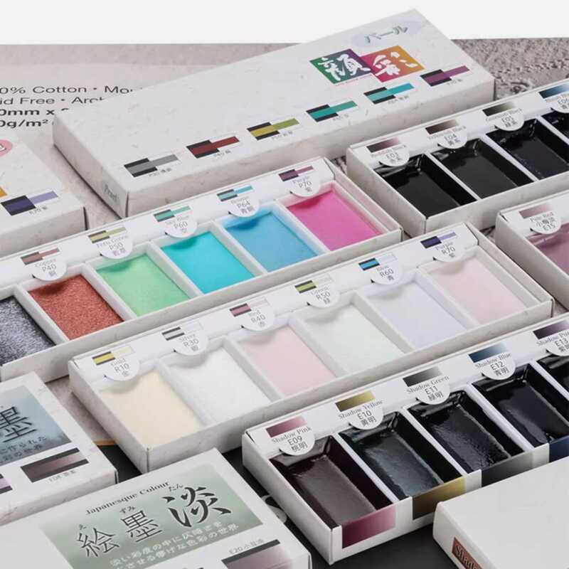 Nhật Bản Boku-Undo Màu Nước 6 Màu Bộ E-Sumi Kim Loại, Cực Quang, Ngọc Trai Màu Vật Dụng Nghệ Thuật V