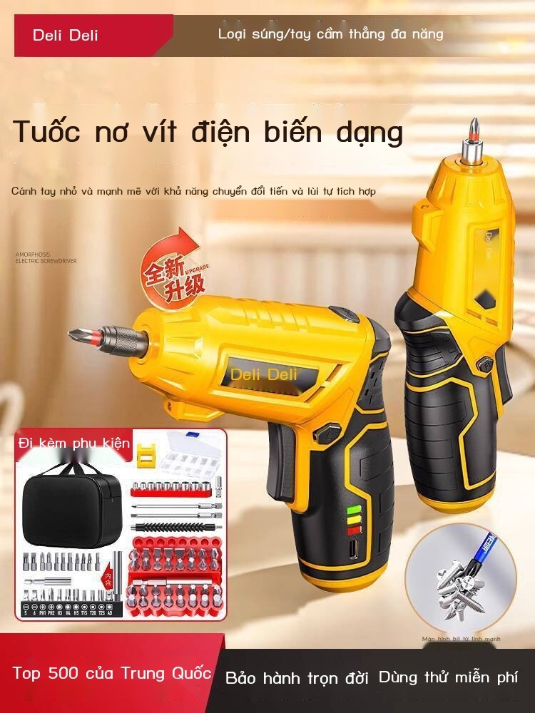 Bộ Deli, máy khoan nhỏ gia đình sạc lại, đa chức năng, bộ tua vít điện mini pin lithium