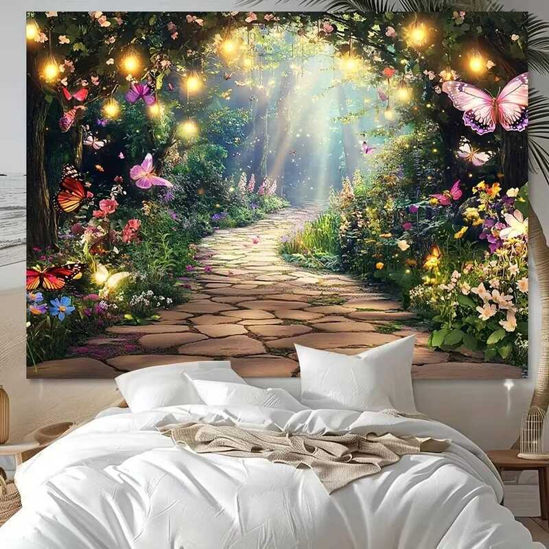 Path Enchanted Forest Tấm thảm Nghệ thuật treo tường sân vườn ma thuật với erfly và hoa để nâng cao 