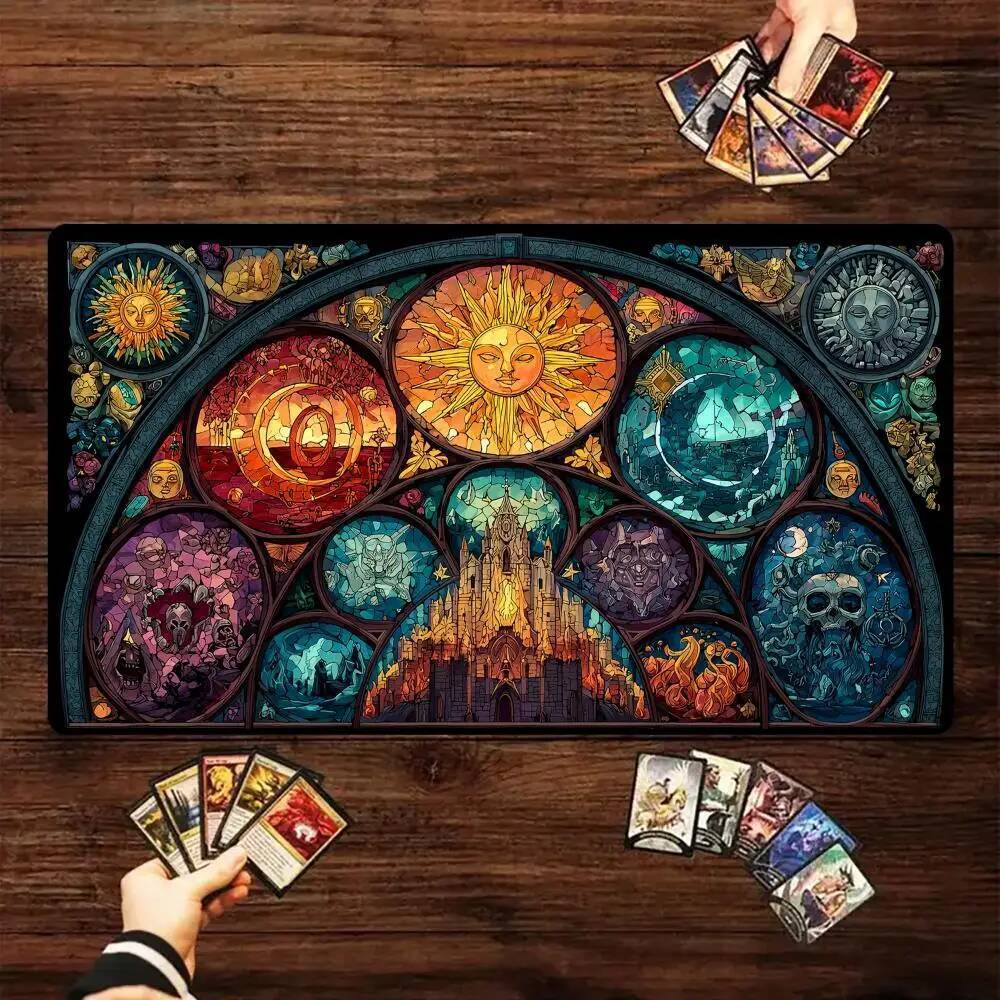 Kính màu thế giới totem thiết kế Magic Card Playmat với khu vực MTG playmat tập hợp trò chơi thảm để