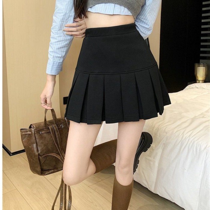 Váy xếp ly màu xám cho nữ, váy ngắn cạp cao, váy chữ A giảm béo và chống lộ | BigBuy360 - bigbuy360.vn