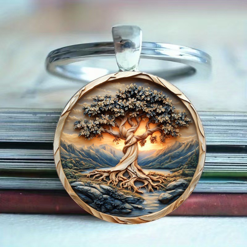 Mountain Valley Sunset Tree Charm Móc khóa Hợp kim kẽm cho lễ kỷ niệm và ngày lễ