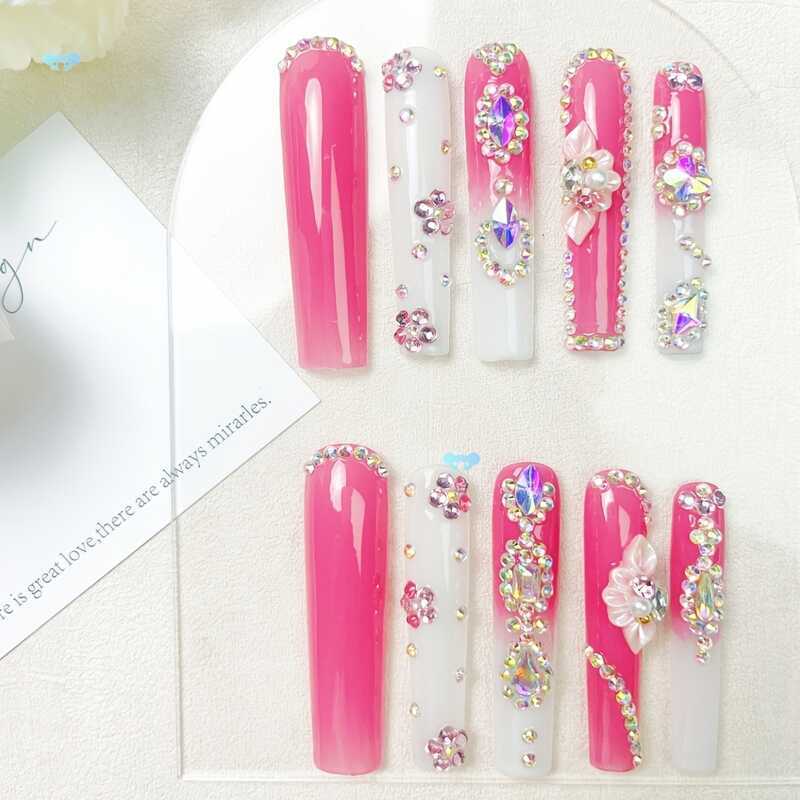 10 Chiếc Handmade Press On Nails Kit Dài Quan Tài Hồng Trắng