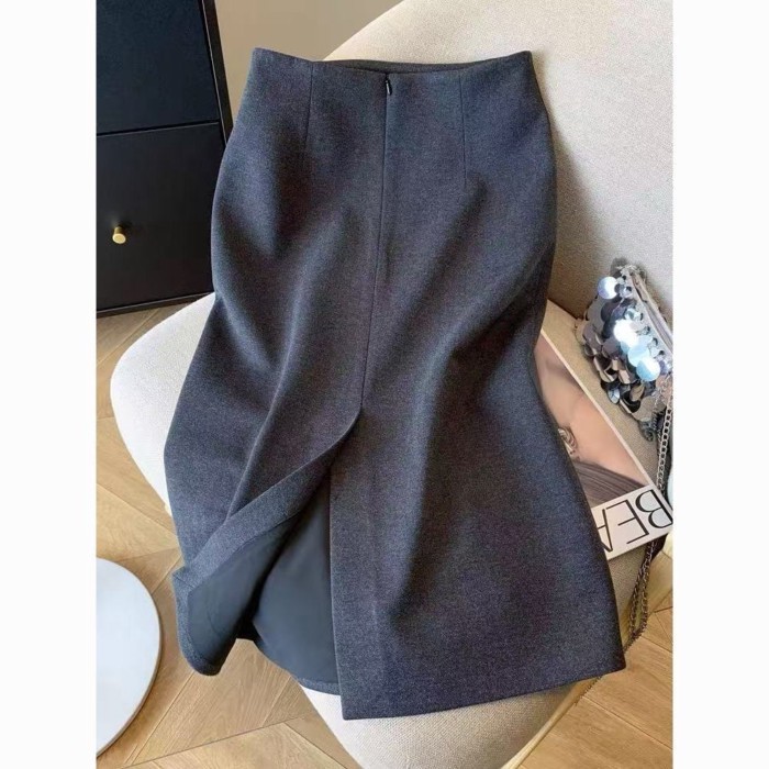 Phong cách Pháp nhẹ nhàng và tinh tế váy xám trí tuệ đi làm váy len thẳng xẻ lưng cao | BigBuy360 - bigbuy360.vn