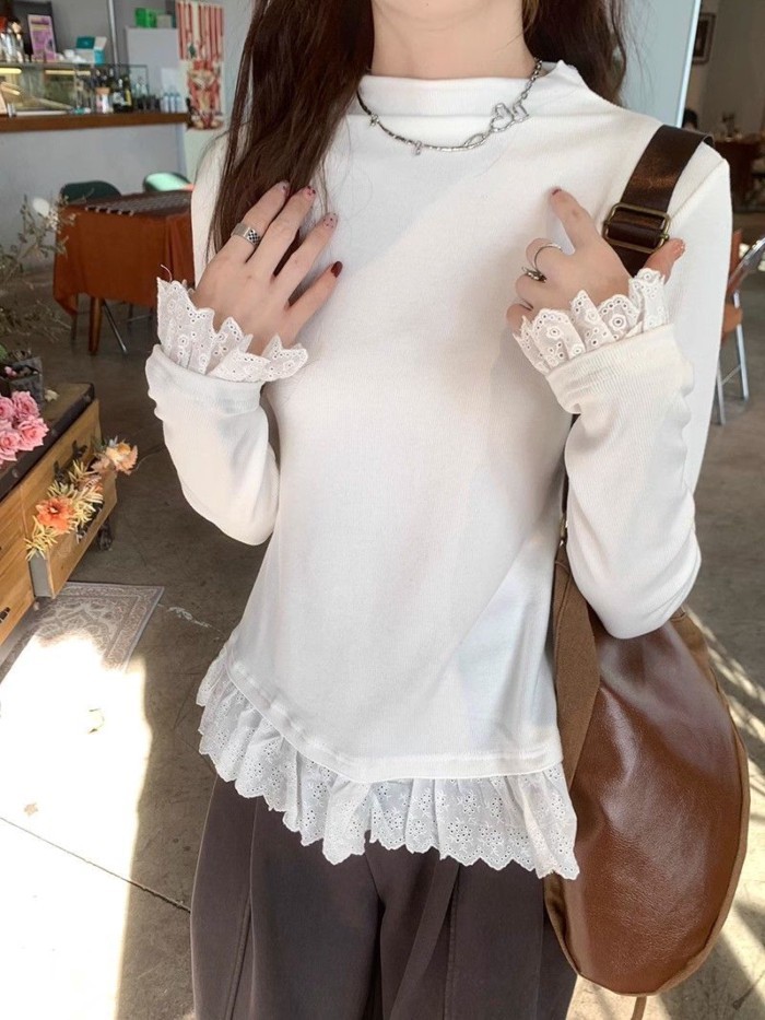 Tinh khiết mong muốn ren bên trong đáy áo sơ mi nữ Đức nhung mỏng dài tay nửa cao cổ hàng đầu hợp t | BigBuy360 - bigbuy360.vn