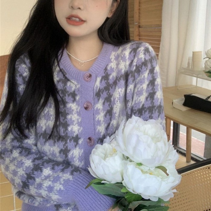 Áo len dệt kim ngọt ngào houndstooth phong cách Nhật Bản và Hàn Quốc mùa xuân thu tương phản màu sắ | BigBuy360 - bigbuy360.vn