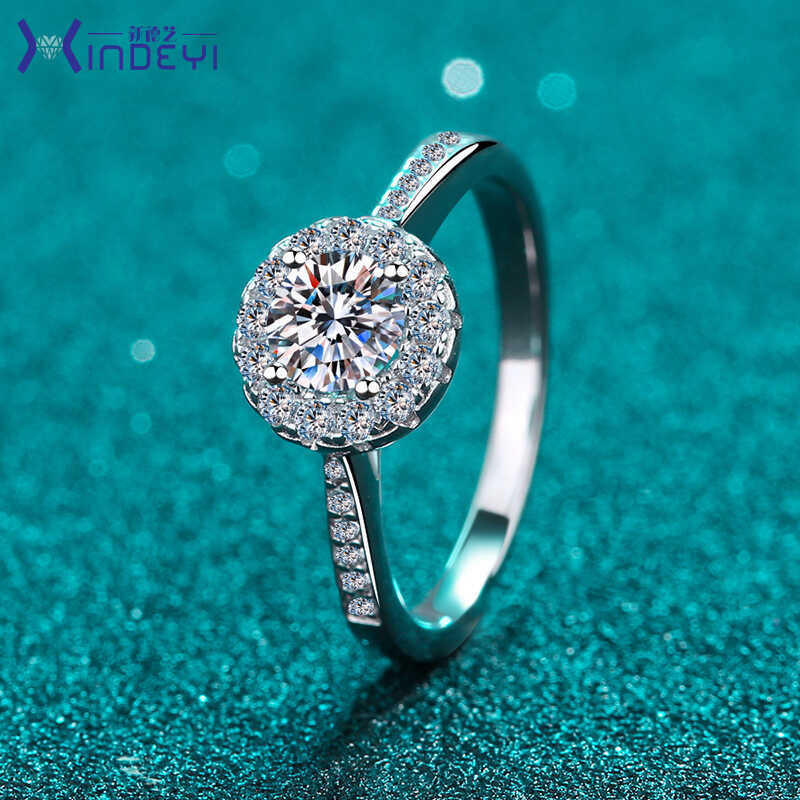 Nhẫn bạc 925 Nữ pt950 Mạ vàng Moissanite Nhẫn tròn bốn móng