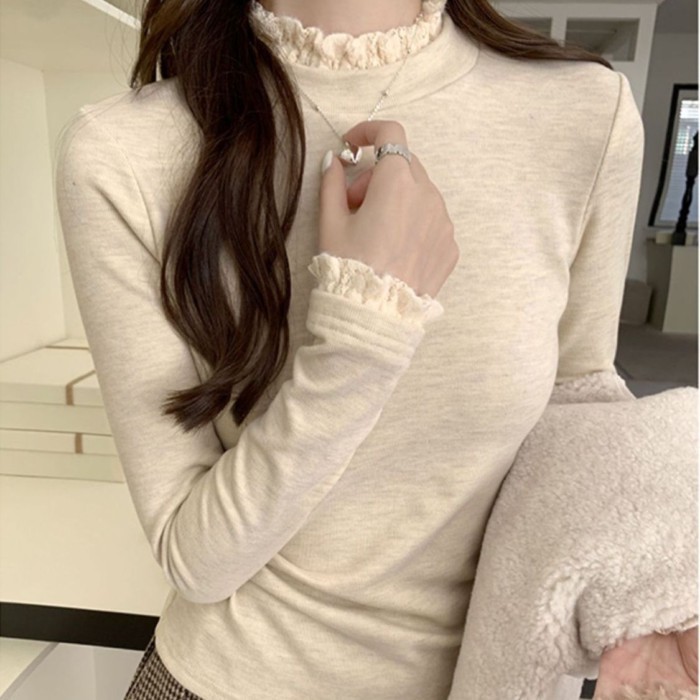 Áo thun dài tay nửa cổ phối ren nhung dành cho nữ, áo sơ mi đáy ấm, thon gọn, sang trọng | BigBuy360 - bigbuy360.vn