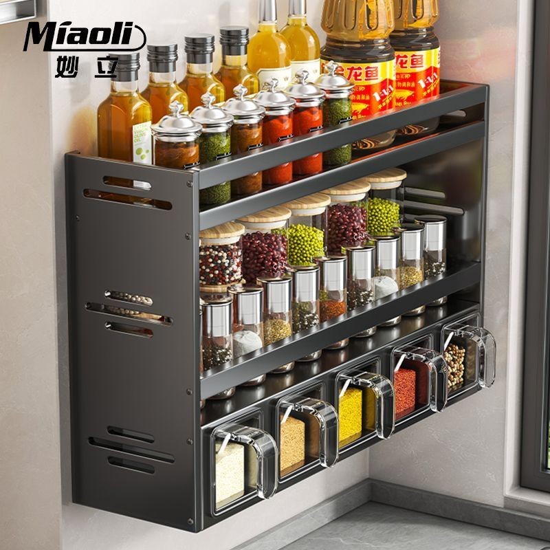 【9671Bộ Sưu Tập Người】Giá đỡ gia vị Miaoli Kitchen không cần khoan, gắn tường, bộ tổ chức gia vị đa