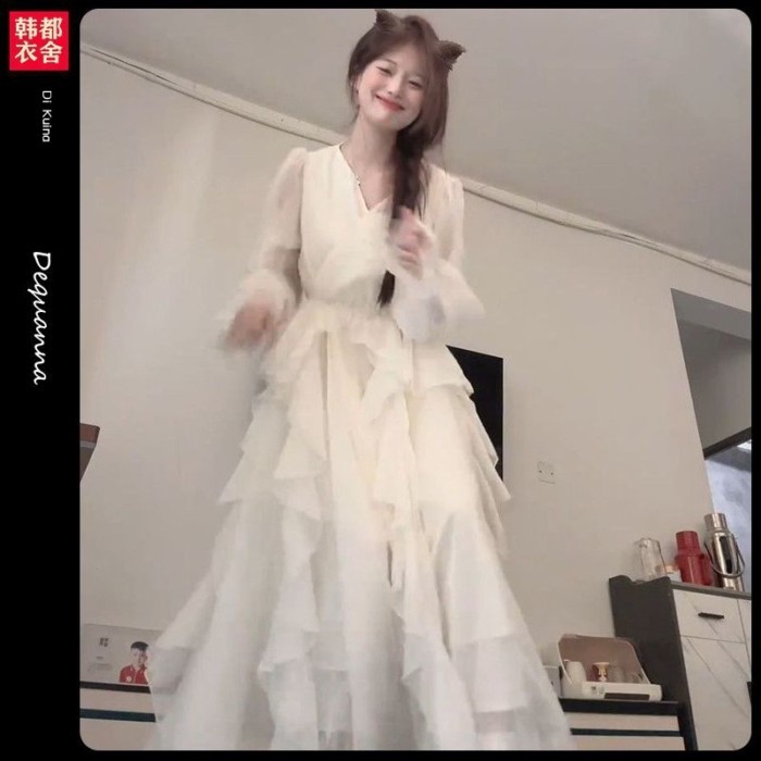 H Di Kuina tiệc trà phong cách ngọt ngào Váy hoa mai kiểu Pháp xòe nối khí chất Váy nghỉ lễ cổ chữ