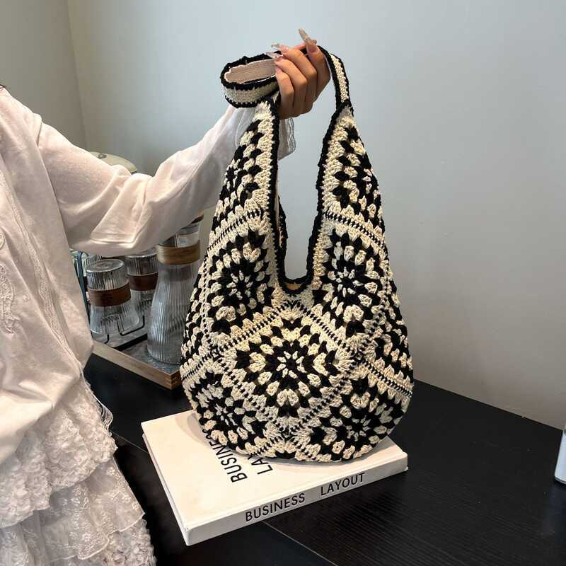 Handmade Hoa Len Đan Rỗng Đan Túi Đeo Vai Ống Hút Nách Đi Biển Kỳ Nghỉ Dung Tích Lớn Tote