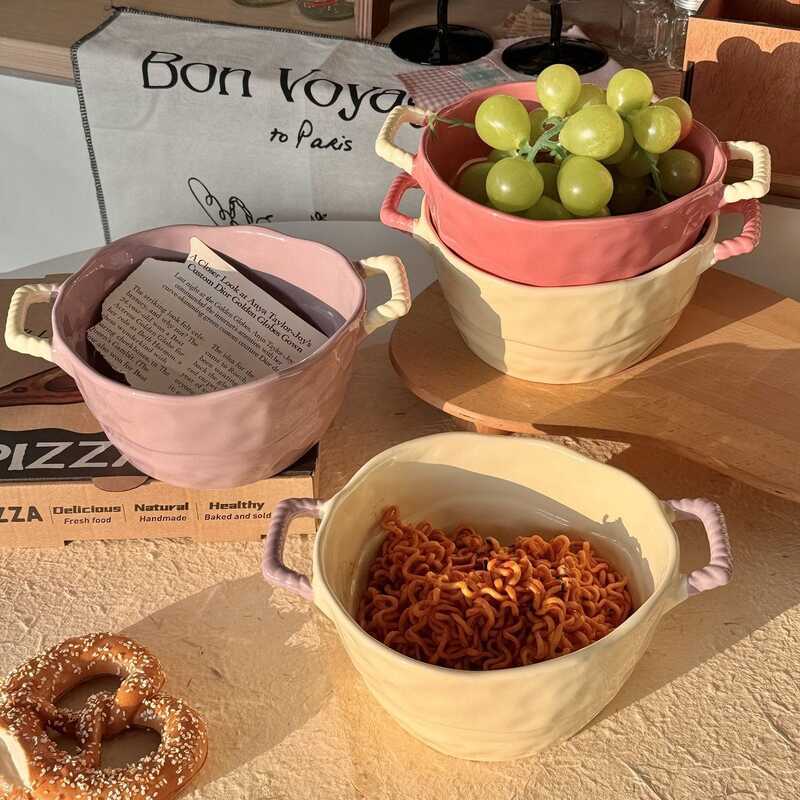 Gốm Đôi Tai Salad Bát Giá Trị Cao Không Đều Súp Bát Trái Cây Salad Bát Ốc Mì Ăn Liền Hộ Gia Đình Bộ 