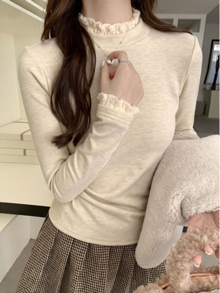 Áo thun dài tay nửa cổ phối ren nhung dành cho nữ, áo sơ mi đáy ấm, thon gọn, sang trọng | BigBuy360 - bigbuy360.vn