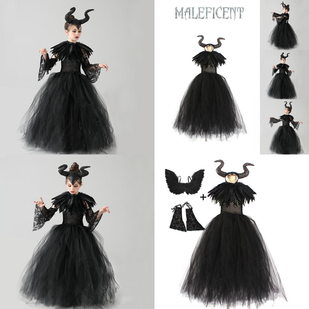 Bộ đồ trang phục Halloween Maleficent Angelina Kids Jolie có băng đô và cổ lông vũ