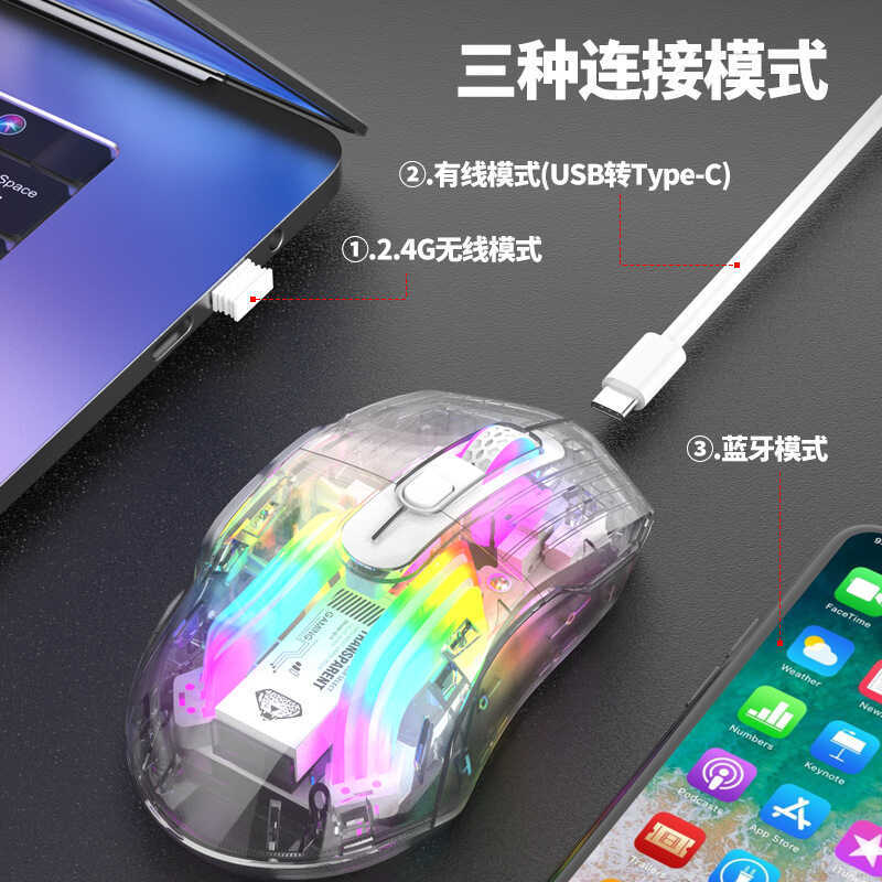 Chuột chơi game không dây ba chế độ Bluetooth trong suốt hoàn toàn RGB Luminous Tắt tiếng Nút chơi g