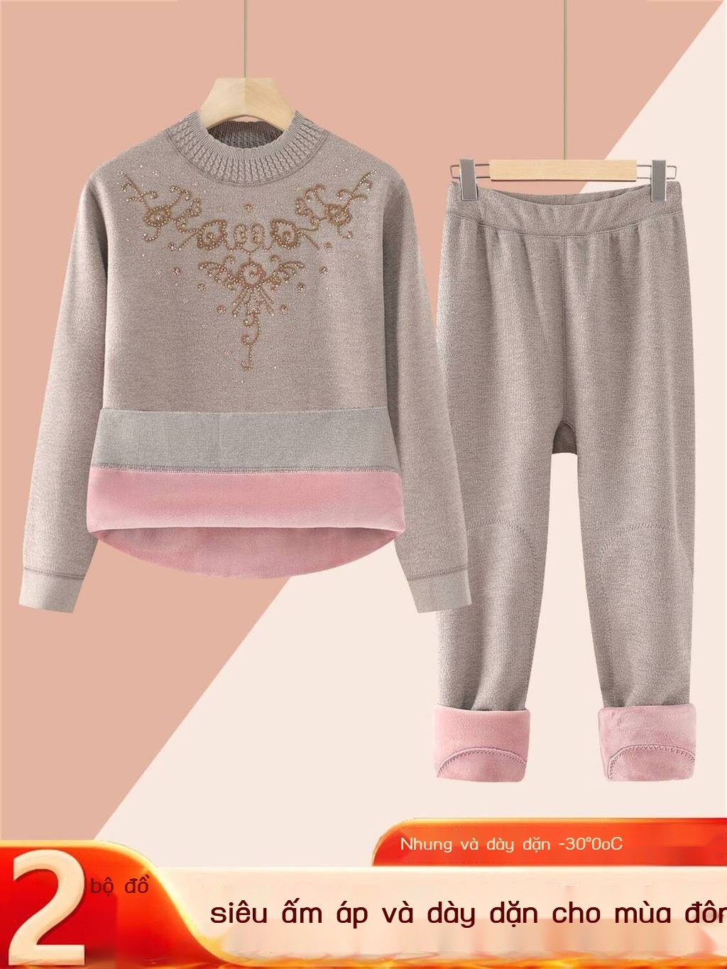 ( Sẵn) Bộ đồ giữ nhiệt mẹ với lớp lót fleece phụ nữ trung niên cao tuổi, bộ quần áo mùa thu và đông