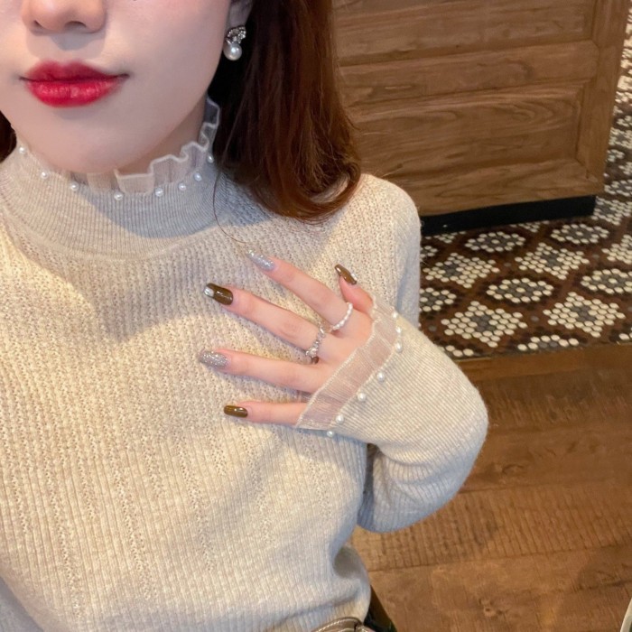 Xiaoxiang Ngọc Trai Ren Nửa Áo Len Cao Cổ Nữ Đáy Dệt Kim Slim Fit Dài Tay Nữ | BigBuy360 - bigbuy360.vn