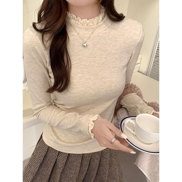 Áo thun dài tay nửa cổ phối ren nhung dành cho nữ, áo sơ mi đáy ấm, thon gọn, sang trọng | BigBuy360 - bigbuy360.vn