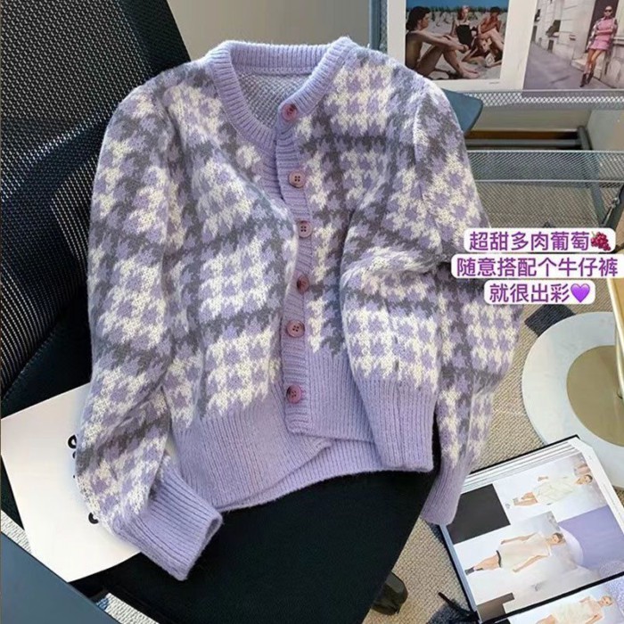 Áo len dệt kim ngọt ngào houndstooth phong cách Nhật Bản và Hàn Quốc mùa xuân thu tương phản màu sắ | BigBuy360 - bigbuy360.vn