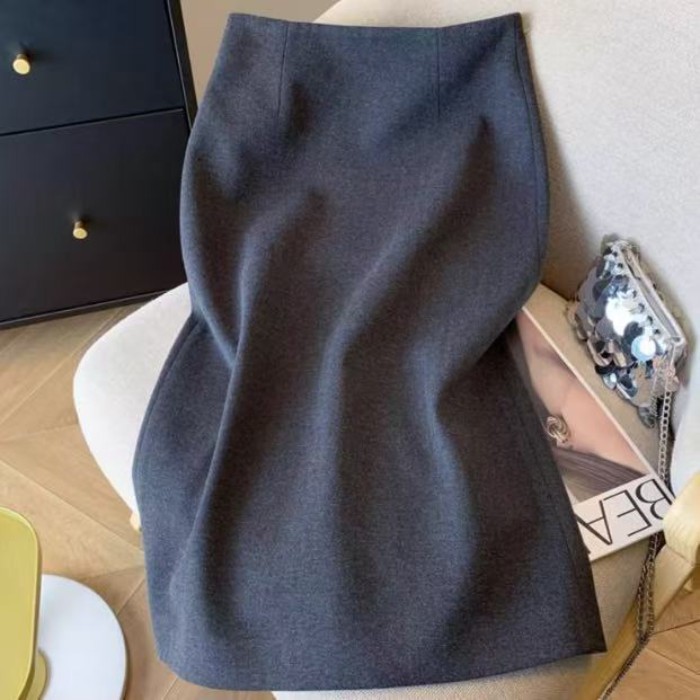 Phong cách Pháp nhẹ nhàng và tinh tế váy xám trí tuệ đi làm váy len thẳng xẻ lưng cao | BigBuy360 - bigbuy360.vn