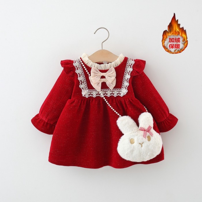1729 Bé Gái Váy Mùa Đông Váy Trẻ Em Năm Mới Lông Cừu Lót Dày Năm Mới Quần Áo Nơ Cổ Ren Quần Áo Trẻ E