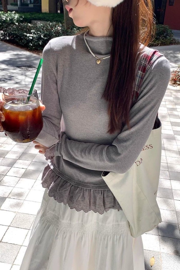 Tinh khiết mong muốn ren bên trong đáy áo sơ mi nữ Đức nhung mỏng dài tay nửa cao cổ hàng đầu hợp t | BigBuy360 - bigbuy360.vn