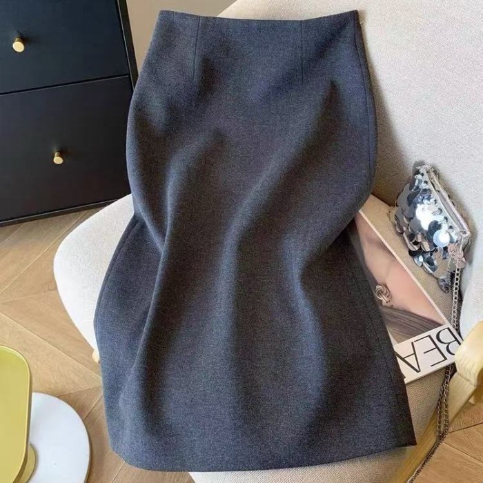 Phong cách Pháp nhẹ nhàng và tinh tế váy xám trí tuệ đi làm váy len thẳng xẻ lưng cao | BigBuy360 - bigbuy360.vn